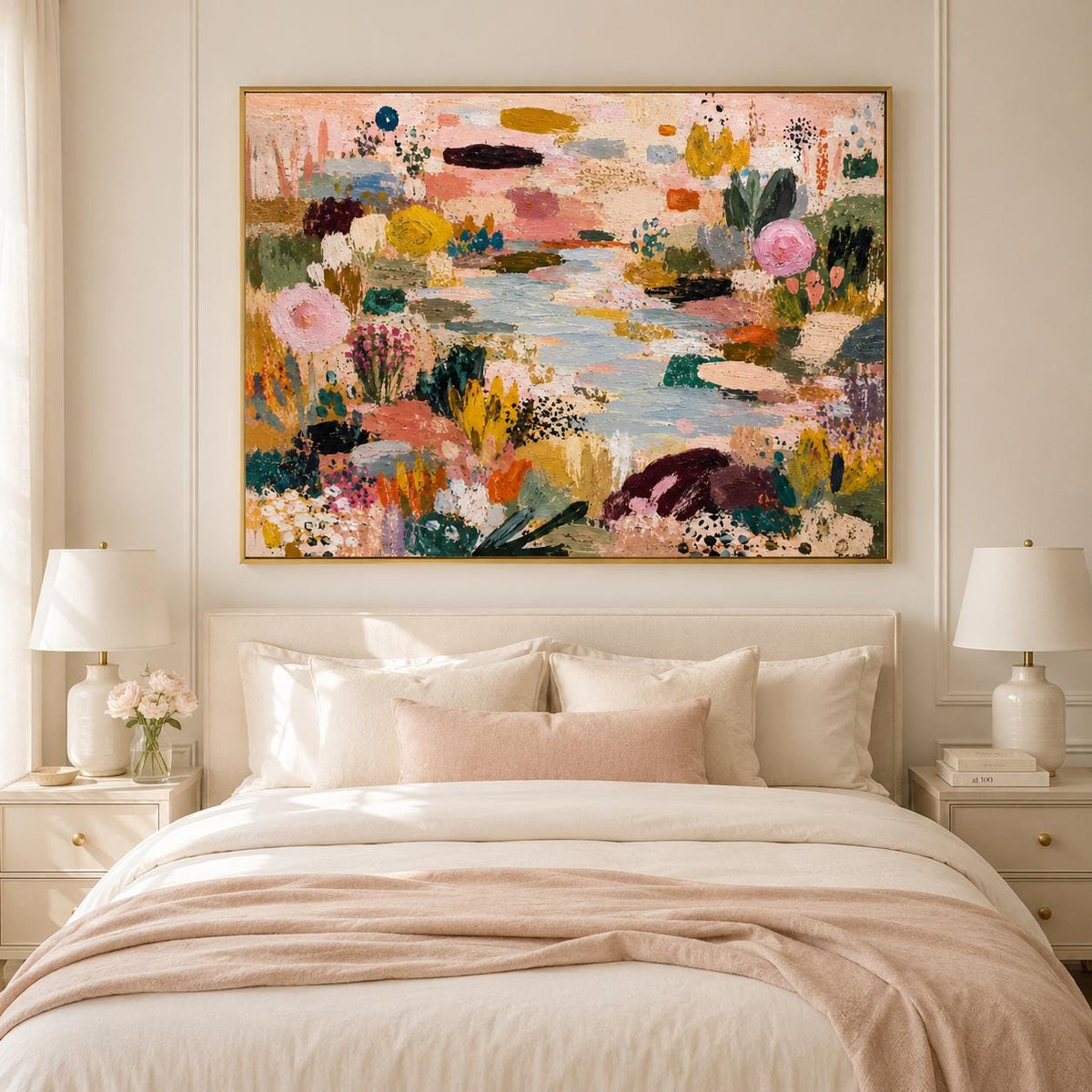 May include: A large rectangular landscape painting featuring a textured, abstract garden scene with a central light blue stream. The composition includes vibrant patches of pink, yellow, deep green, and dark purple paint strokes on a canvas.