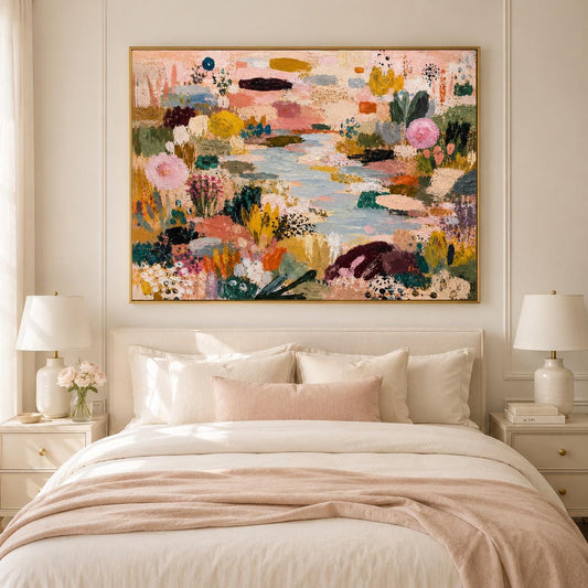 May include: A large rectangular landscape painting featuring a textured, abstract garden scene with a central light blue stream. The composition includes vibrant patches of pink, yellow, deep green, and dark purple paint strokes on a canvas.