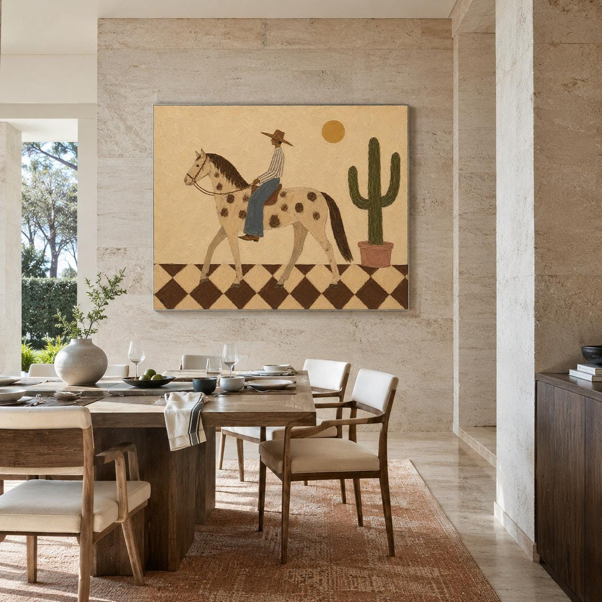 May include: A rectangular wall art print featuring a beige background with a person in a hat riding a spotted horse. The scene includes a green potted cactus and a yellow sun. The foreground shows a brown and beige checkered floor pattern.