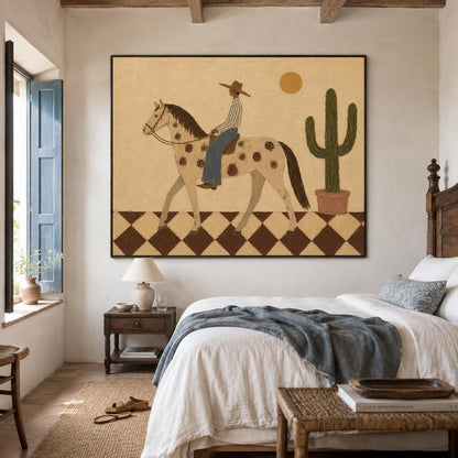 May include: A framed wall art print featuring a stylized illustration of a person in a hat riding a spotted horse across a checkered floor. The scene includes a tall green cactus in a pot and a yellow sun against a beige background.