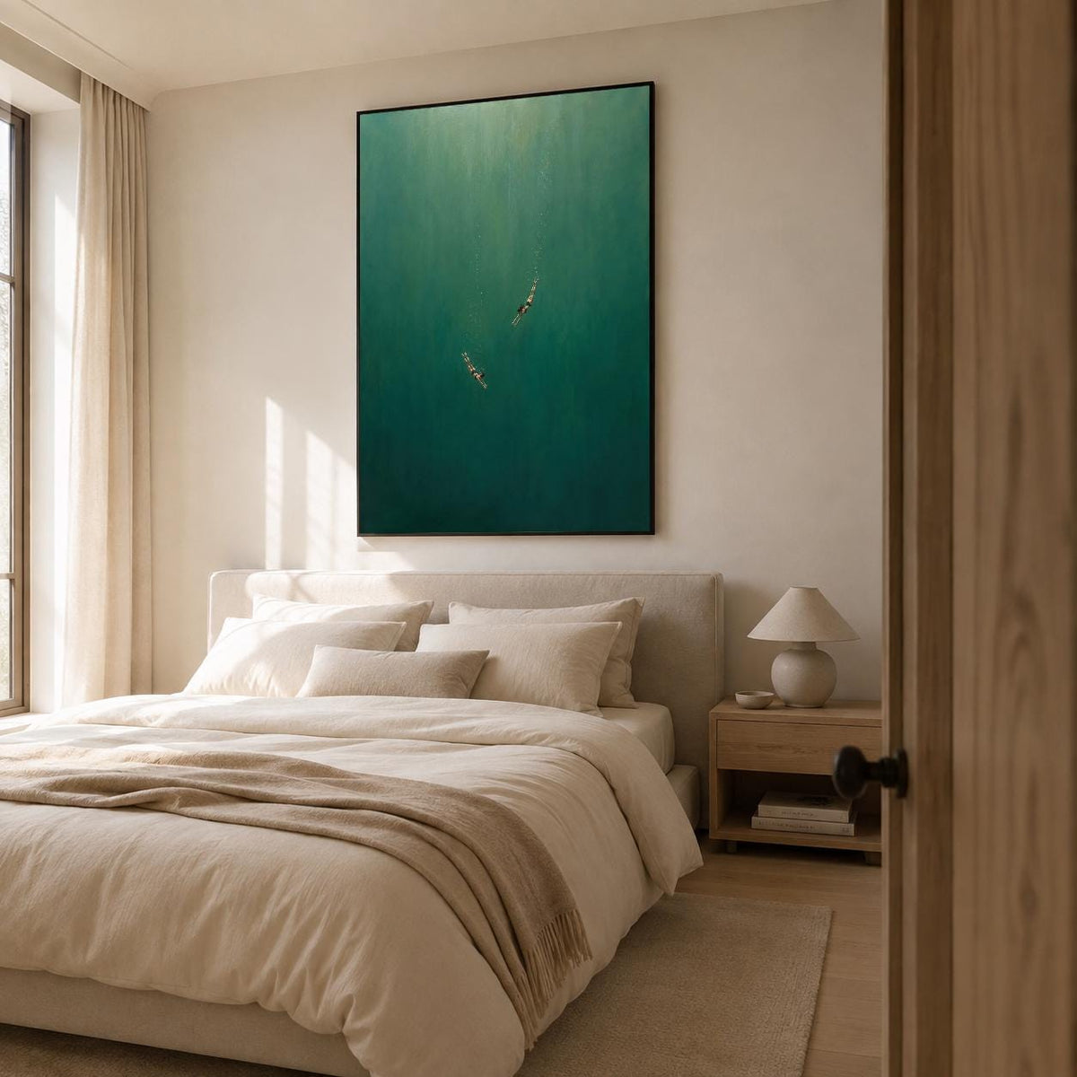May include: A large rectangular wall art piece featuring a deep emerald green gradient background with two small, indistinct figures swimming in the center. The artwork is framed in a thin black border and hangs centered above a neutral-toned bed.