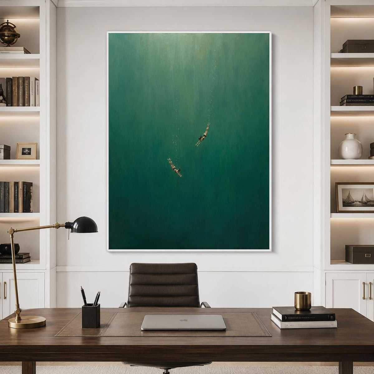 May include: A large rectangular wall art piece featuring a deep emerald green background with two small figures swimming in the center. The artwork is framed in a thin white border and depicts a vast, calm, and monochromatic underwater scene.