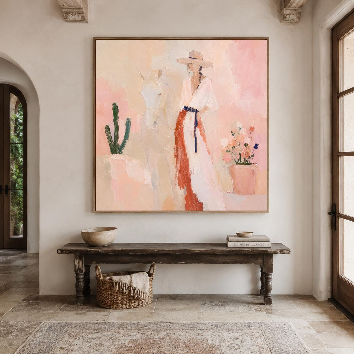 May include: A square canvas painting featuring an abstract figure wearing a wide-brimmed hat and a long dress with a dark blue belt, standing beside a white horse, a green cactus, and a potted plant with colorful flowers in soft pastel tones.