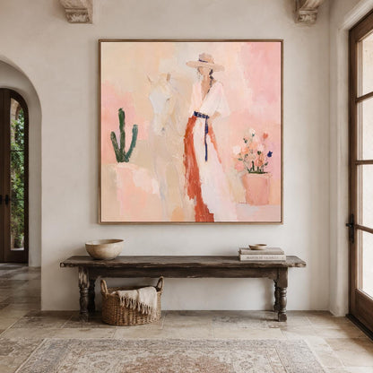 May include: A square canvas painting featuring an abstract figure wearing a wide-brimmed hat and a long dress with a dark blue belt, standing beside a white horse, a green cactus, and a potted plant with colorful flowers in soft pastel tones.
