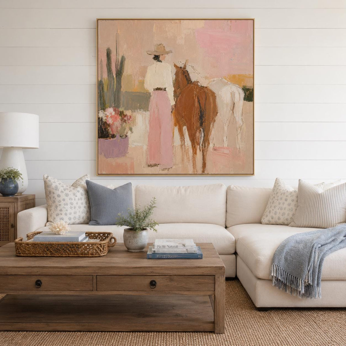Cowgirl and Horses Wall Art Pink Western Textured Canvas Painting for Living Room Decor