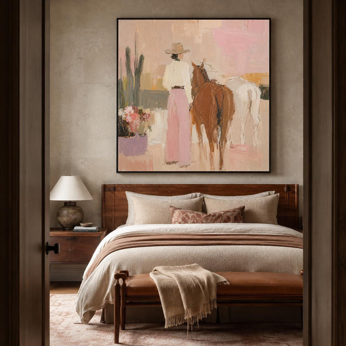 Cowgirl and Horses Wall Art Pink Western Textured Canvas Painting for Living Room Decor