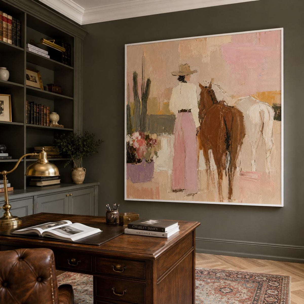 Cowgirl and Horses Wall Art Pink Western Textured Canvas Painting for Living Room Decor