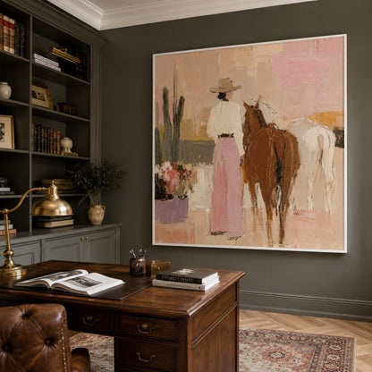 Cowgirl and Horses Wall Art Pink Western Textured Canvas Painting for Living Room Decor
