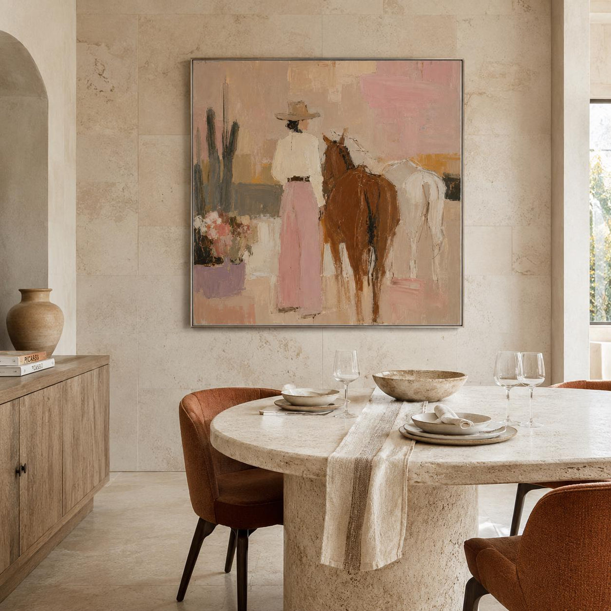 Cowgirl and Horses Wall Art Pink Western Textured Canvas Painting for Living Room Decor