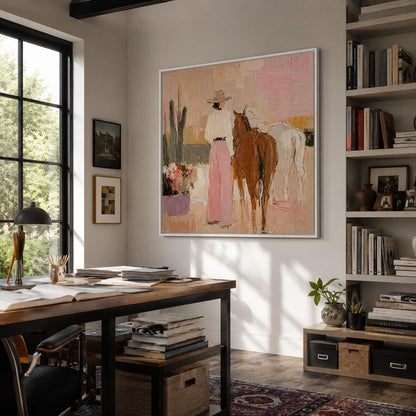 Cowgirl and Horses Wall Art Pink Western Textured Canvas Painting for Living Room Decor