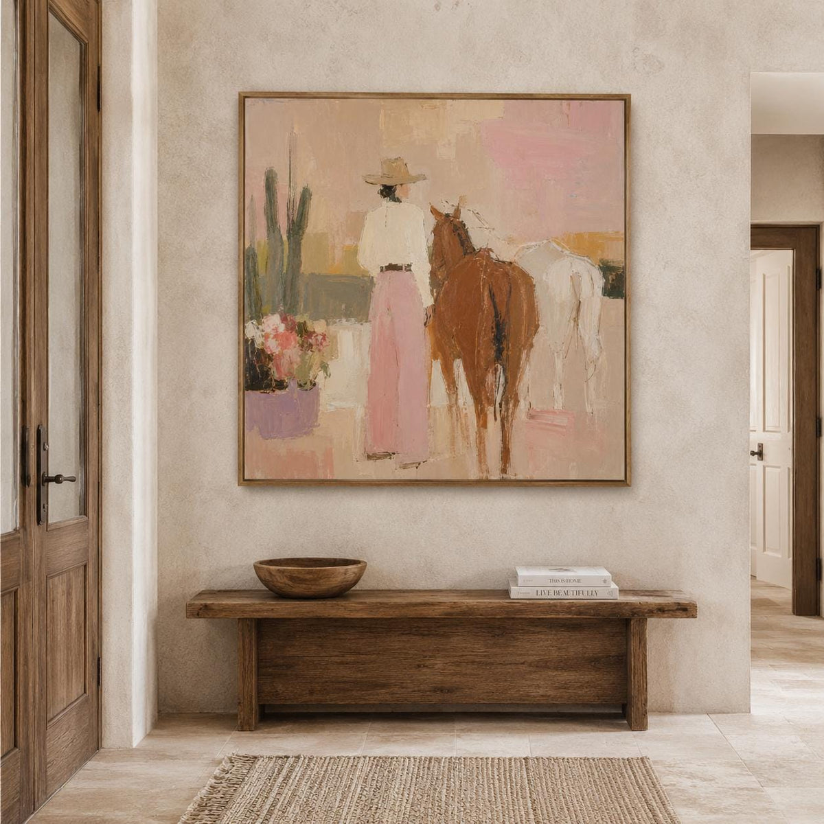 Cowgirl and Horses Wall Art Pink Western Textured Canvas Painting for Living Room Decor