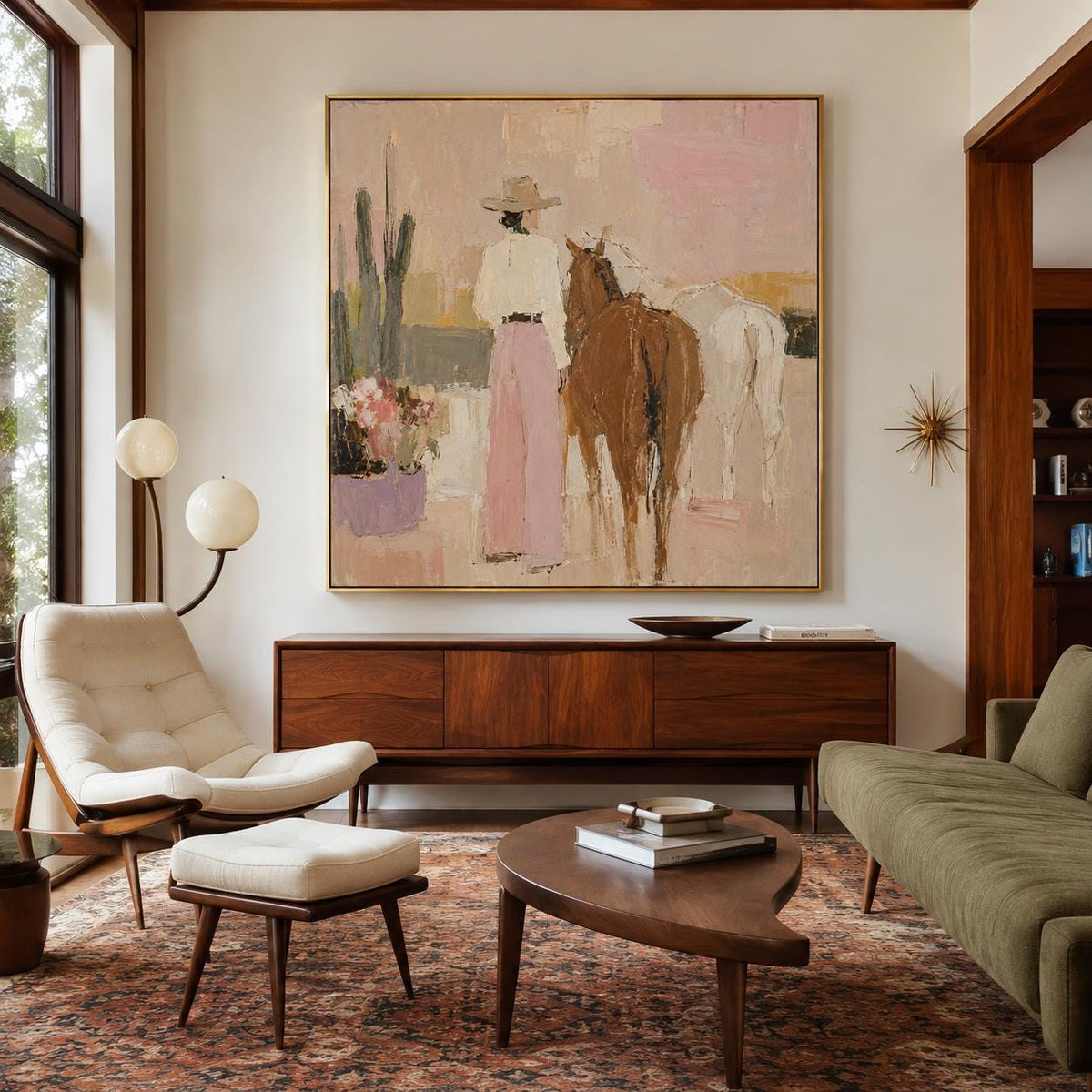 Cowgirl and Horses Wall Art Pink Western Textured Canvas Painting for Living Room Decor