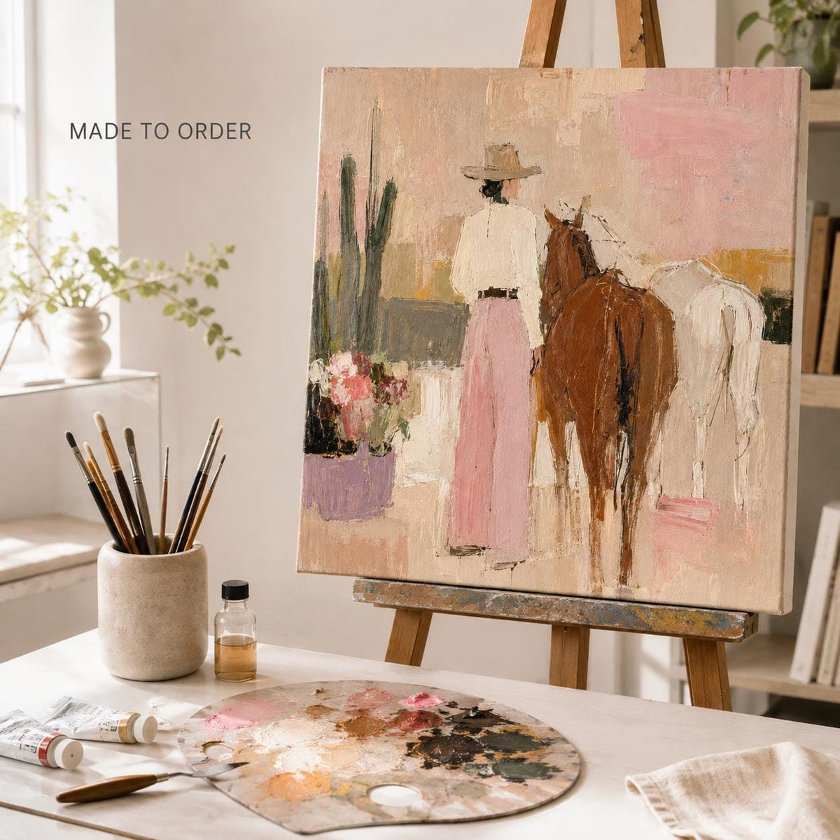Cowgirl and Horses Wall Art Pink Western Textured Canvas Painting for Living Room Decor