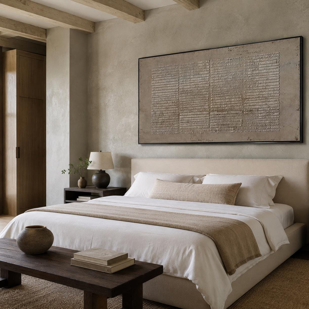 Large Wabi Sabi Wall Art Brown Geometric Textured Canvas Painting for Living Room Decor