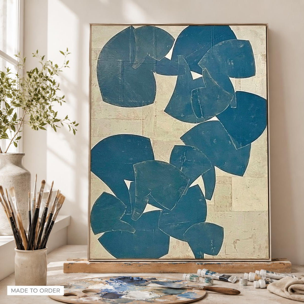 Large Blue Beige Abstract Wall Art Organic Shapes Canvas Painting for Living Room Decor