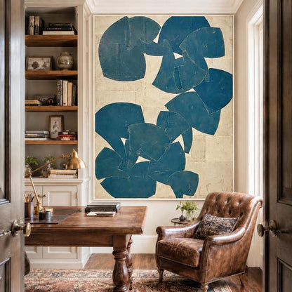 Large Blue Beige Abstract Wall Art Organic Shapes Canvas Painting for Living Room Decor