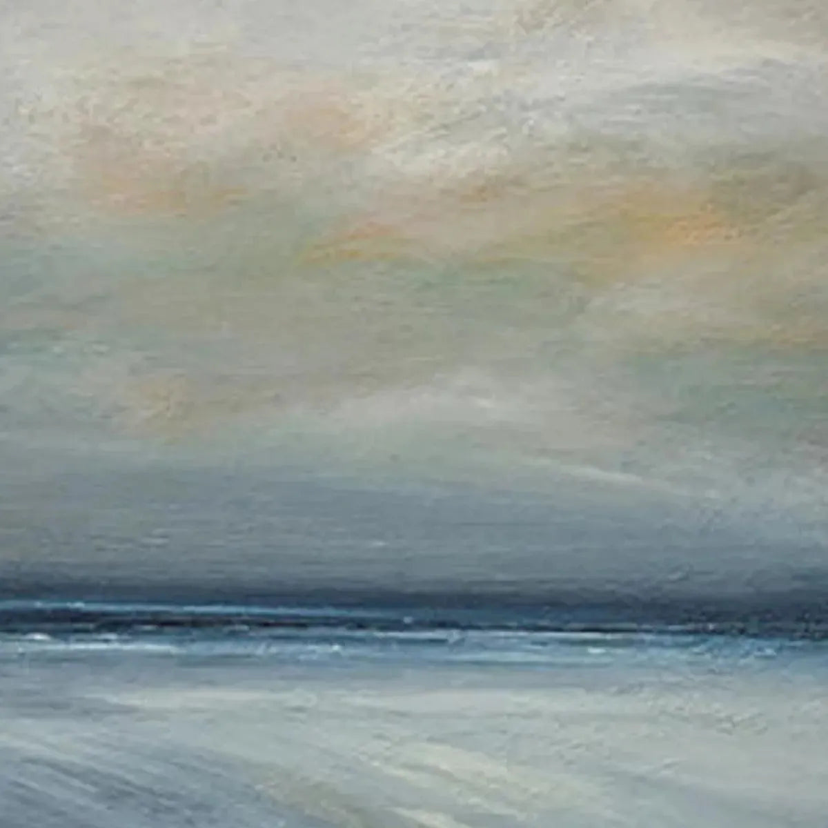 Twilight Coast hand-painted ocean blue, ivory and soft neutral tones textured sunset seascape painting shown as stretched canvas