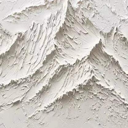 White Mountain hand-painted white and soft beige textured mountain landscape painting shown with wood frame