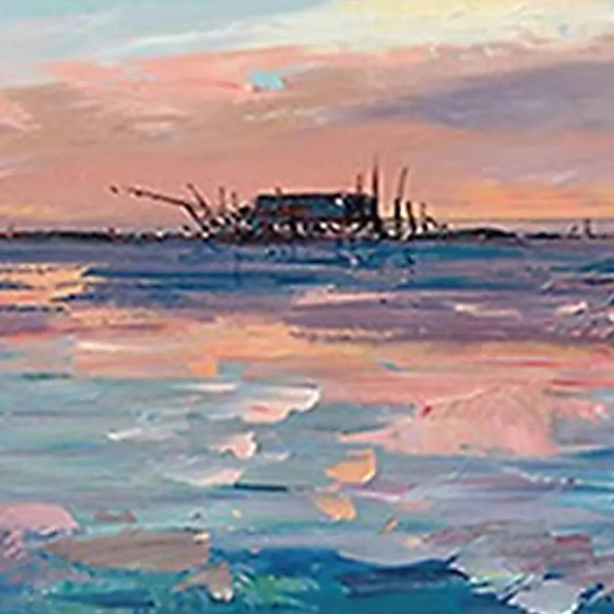 Dusk Reflections hand-painted ocean blue, ivory and soft neutral tones textured sunset seascape painting shown with silver frame