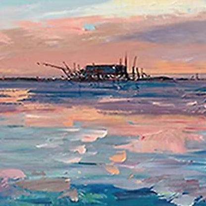 Dusk Reflections hand-painted ocean blue, ivory and soft neutral tones textured sunset seascape painting shown with silver frame
