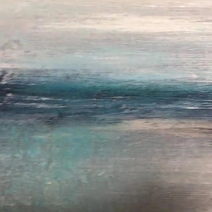 Serene Horizon hand-painted ocean blue, ivory and soft neutral tones textured coastal abstract painting shown with white frame