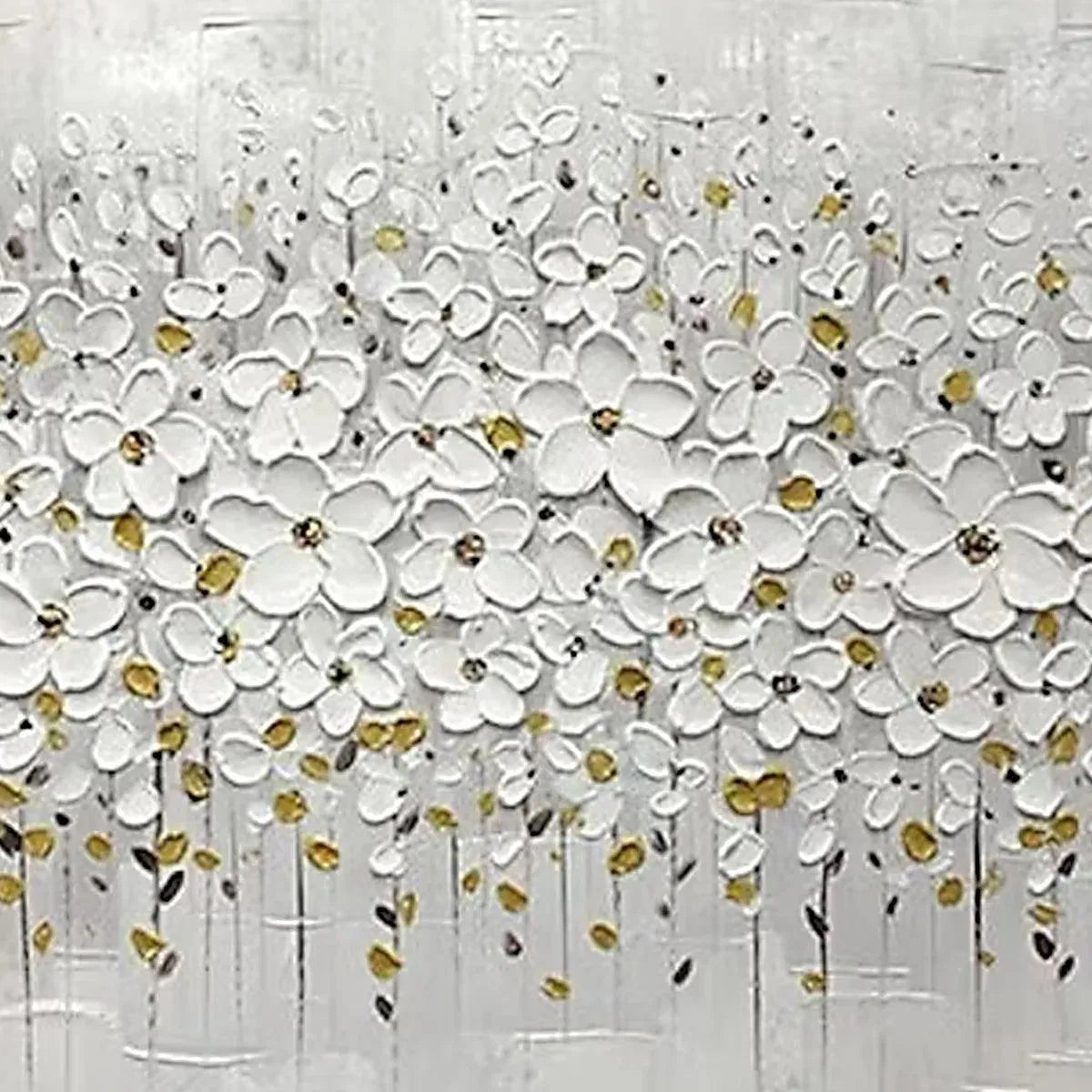 Gold and White Floral Textured Painting – White Blossom Field