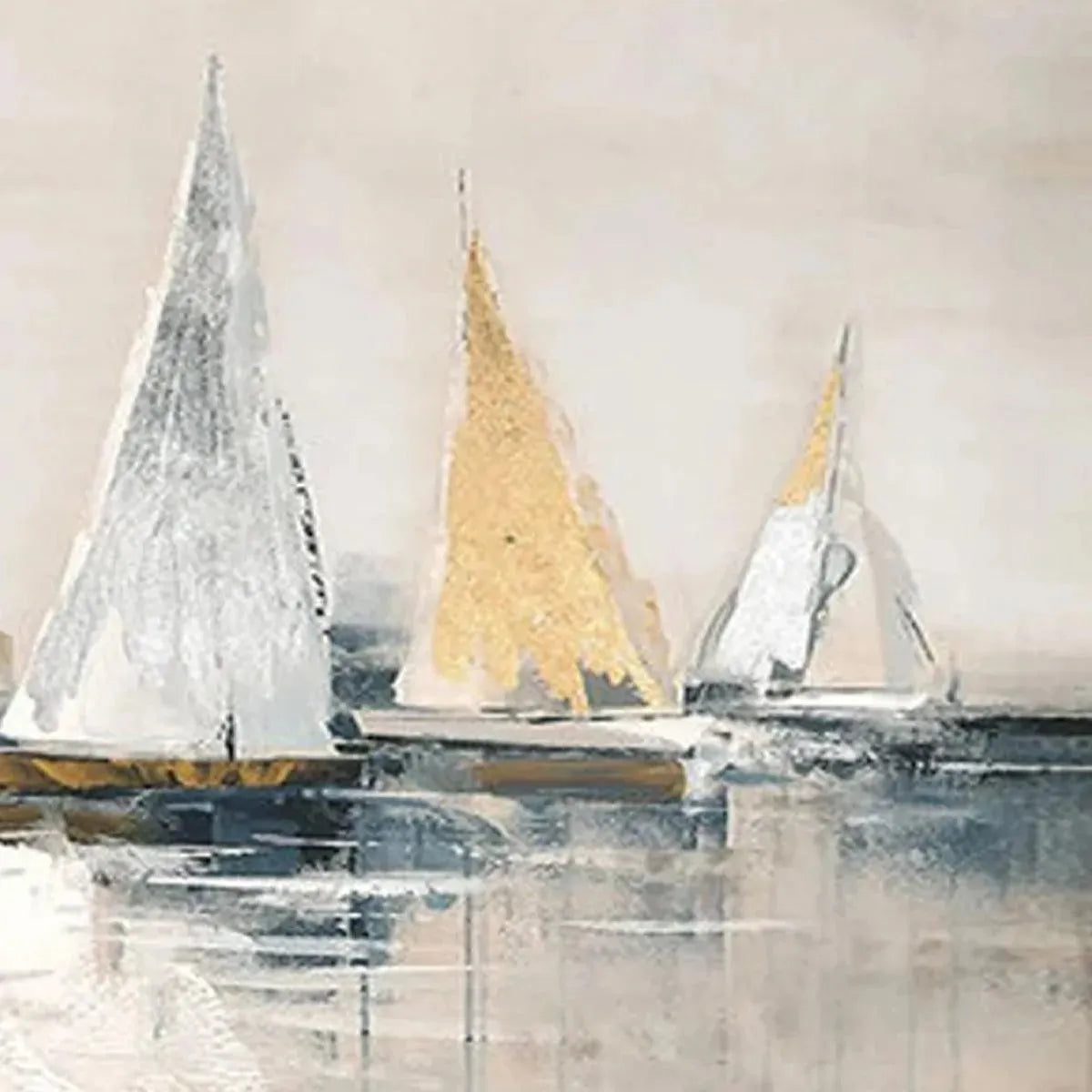 Golden Sailboats hand-painted white, ocean blue and gold textured sailboat seascape painting shown with gold frame