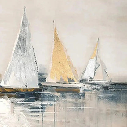 Golden Sailboats hand-painted white, ocean blue and gold textured sailboat seascape painting shown with gold frame