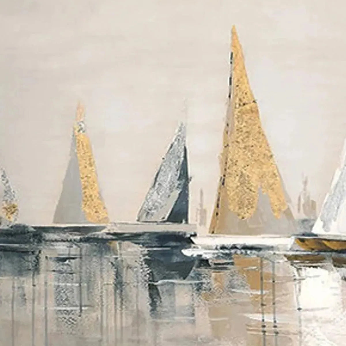 Golden Sailboats hand-painted white, ocean blue and gold textured sailboat seascape painting shown with wood frame