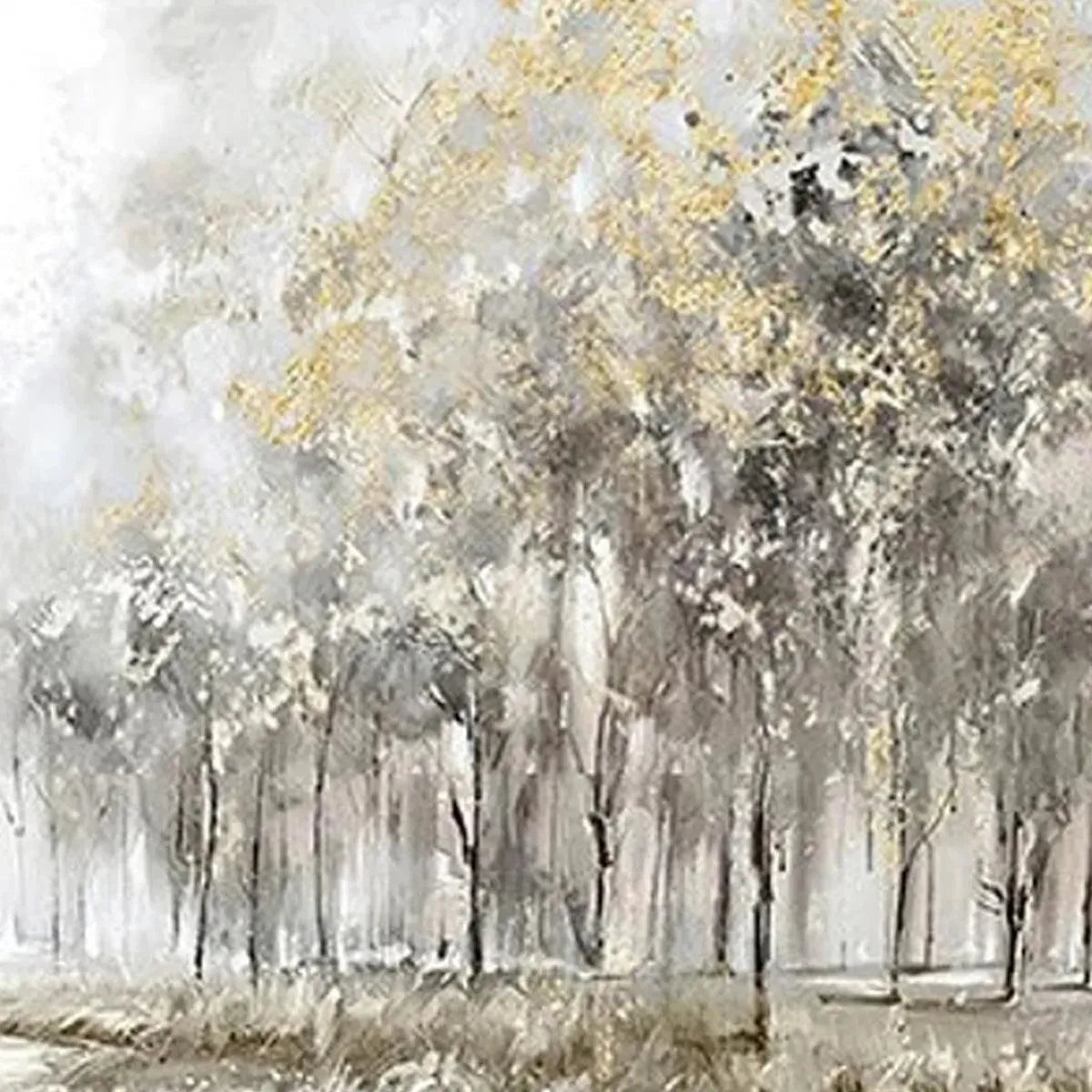Golden Forest Path hand-painted soft grey and gold textured forest path painting shown with gold frame