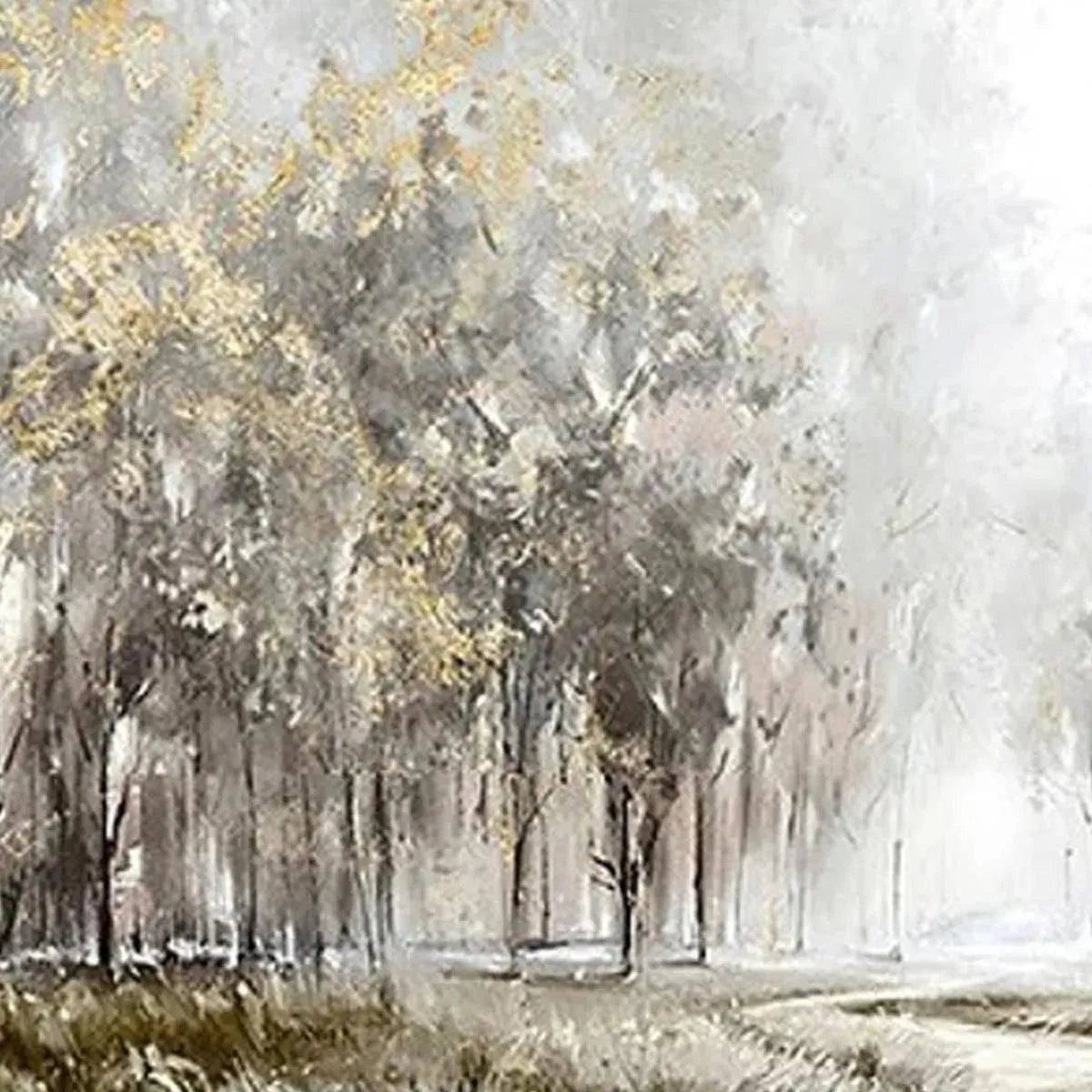 Golden Forest Path hand-painted soft grey and gold textured forest path painting shown with white frame