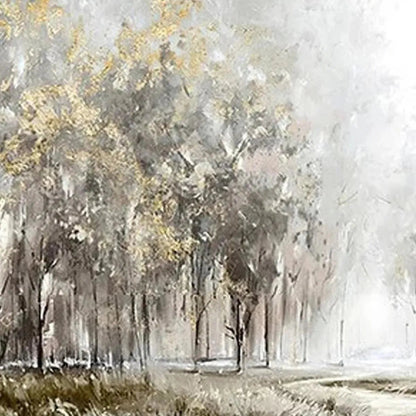 Golden Forest Path hand-painted soft grey and gold textured forest path painting shown with white frame