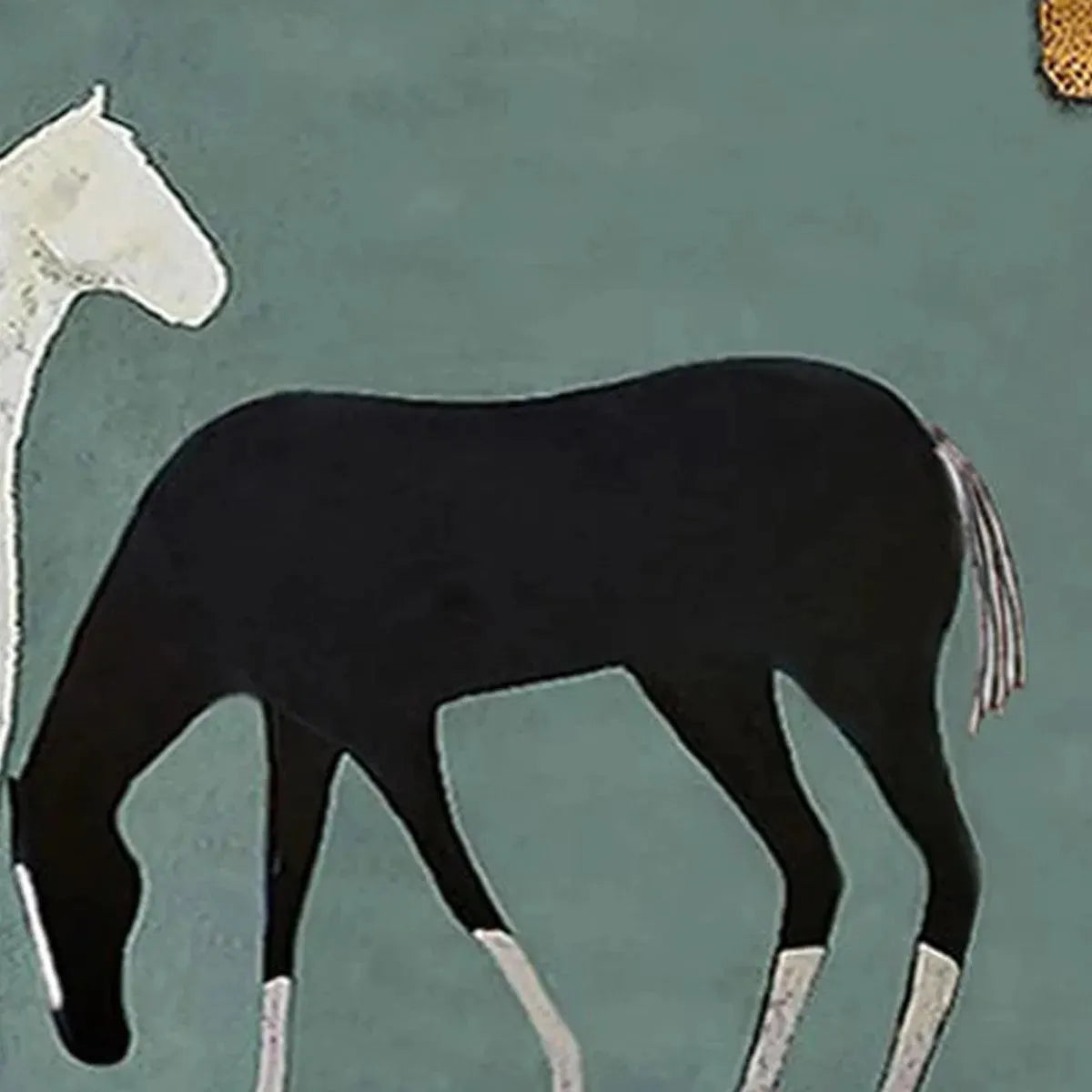 Green Minimalist Moon Oil Painting – Three Horses Under The Moon