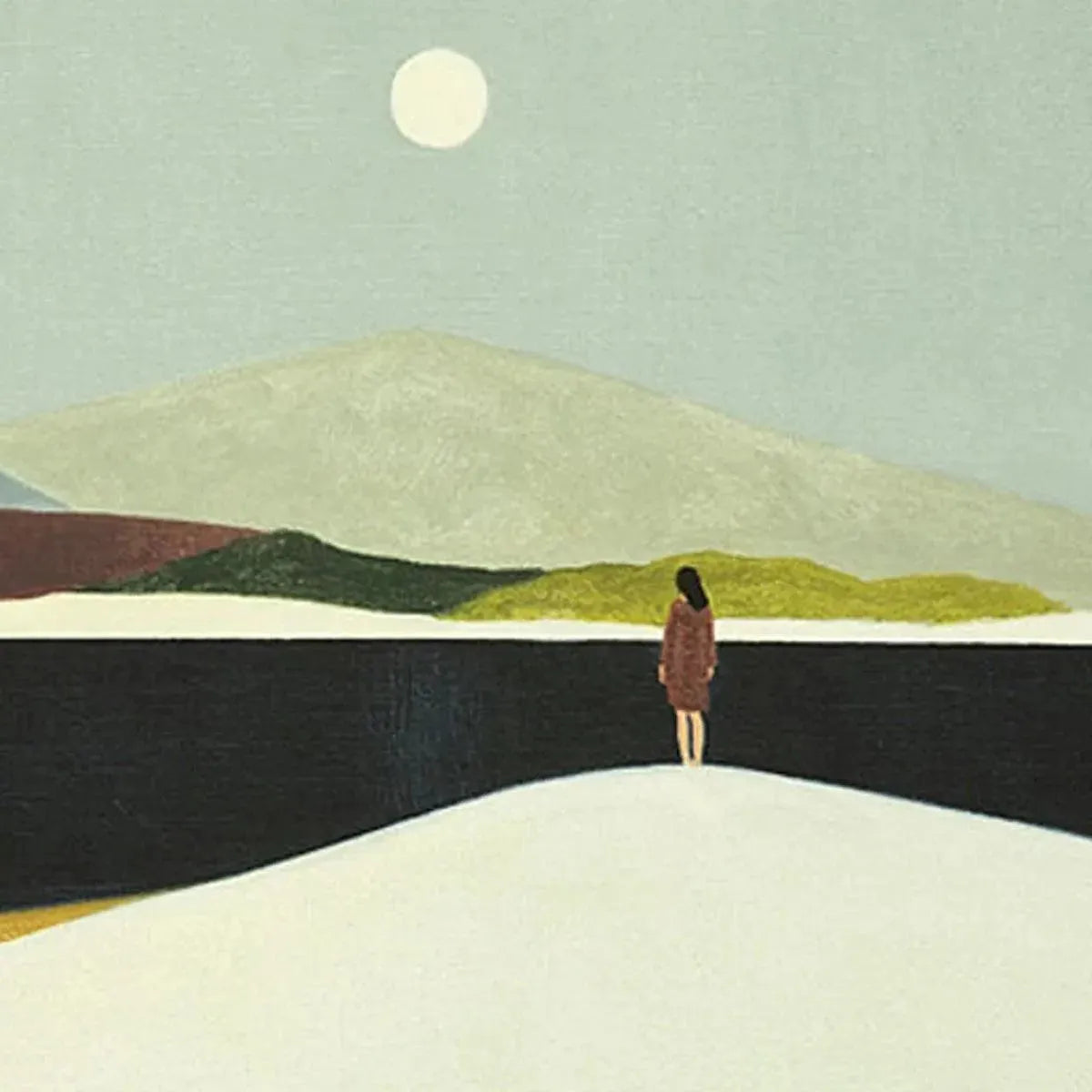Solitary Figure hand-painted slate blue, ivory and soft grey textured abstract mountain painting shown with wood frame