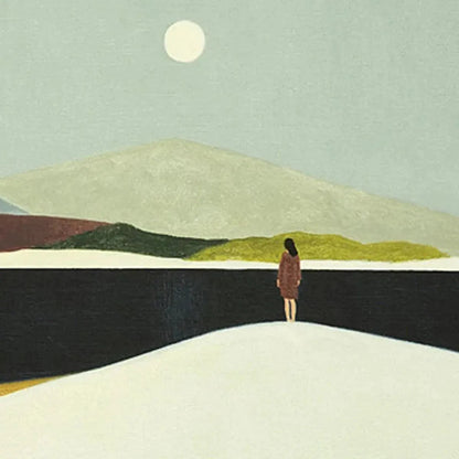 Solitary Figure hand-painted slate blue, ivory and soft grey textured abstract mountain painting shown with wood frame