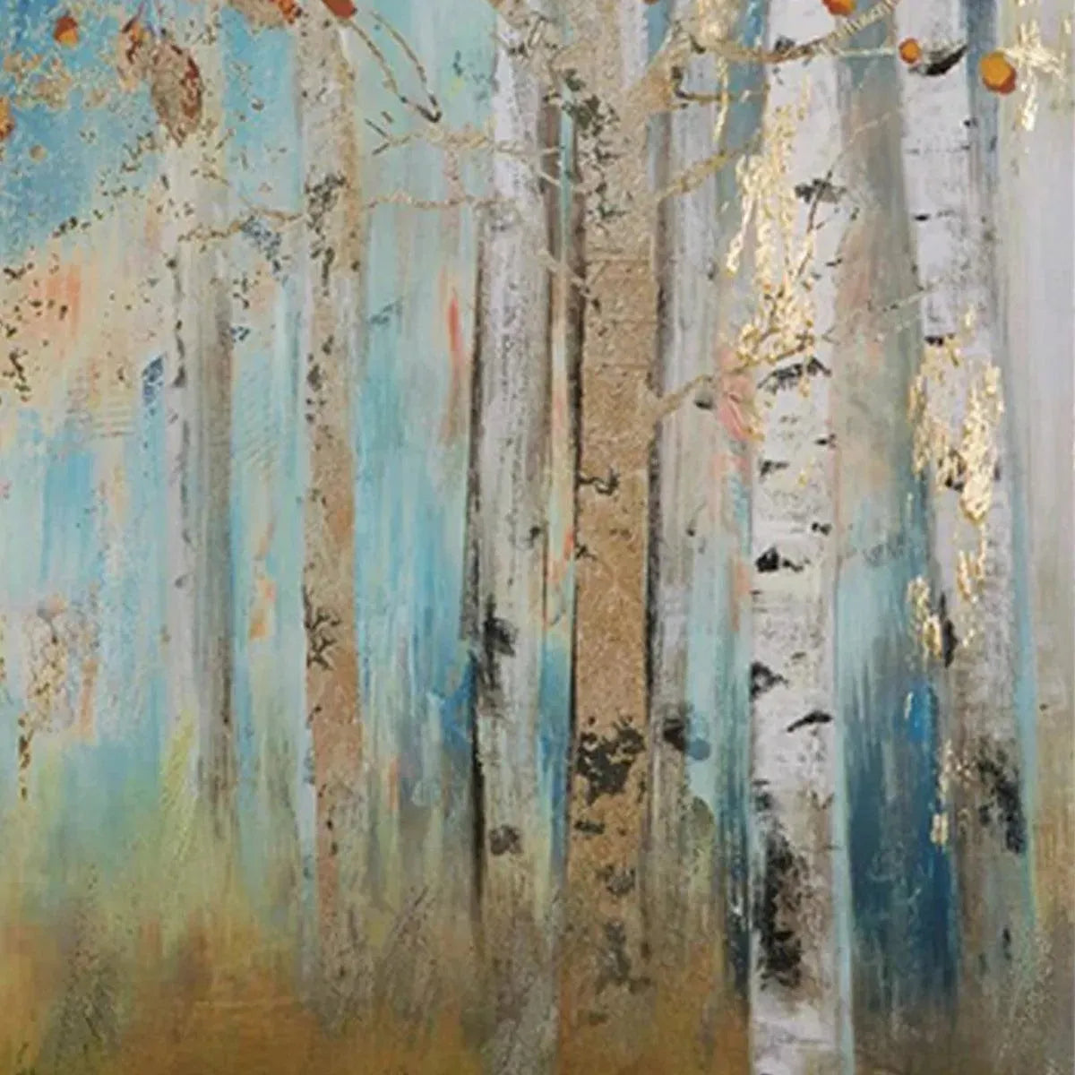 Golden Autumn Forest hand-painted gold and ivory textured forest landscape painting shown with silver frame