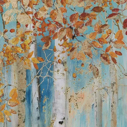 Golden Autumn Forest hand-painted gold and ivory textured forest landscape painting shown with wood frame