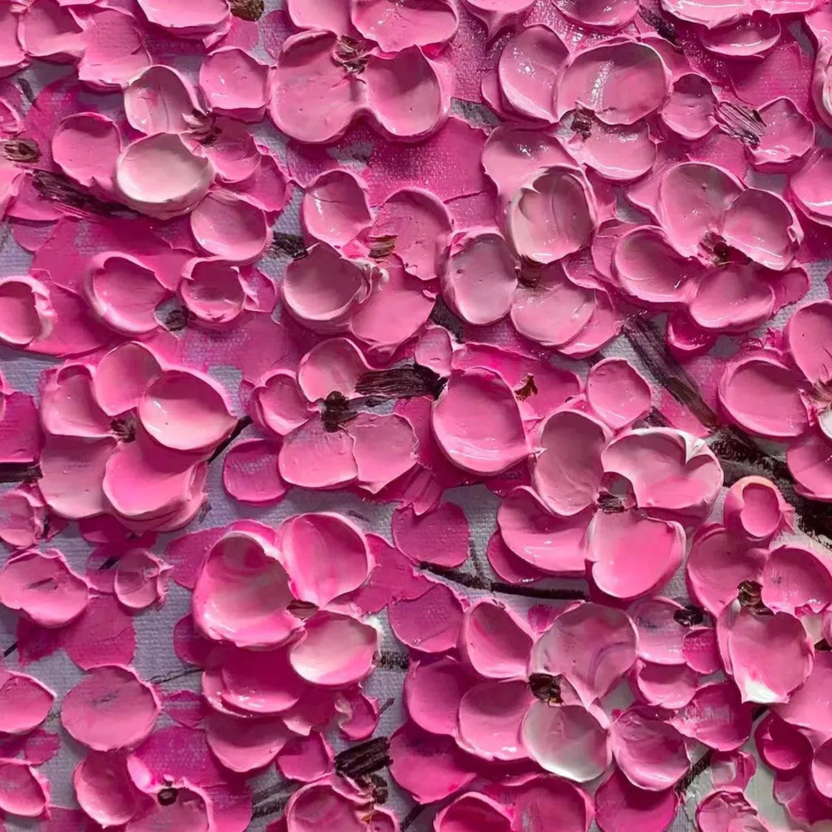 Pink Blossom Abundance hand-painted pink and ivory textured blossom tree painting shown with silver frame