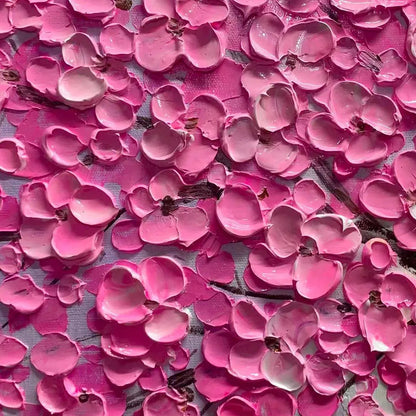 Pink Blossom Abundance hand-painted pink and ivory textured blossom tree painting shown with silver frame