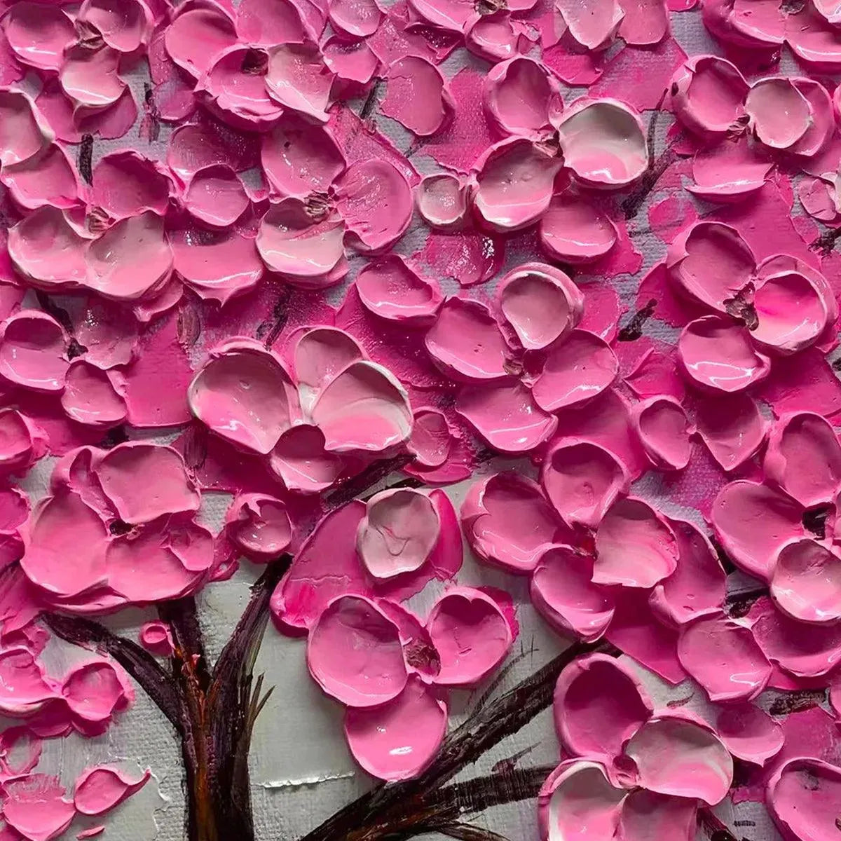 Pink Blossom Abundance hand-painted pink and ivory textured blossom tree painting shown with wood frame