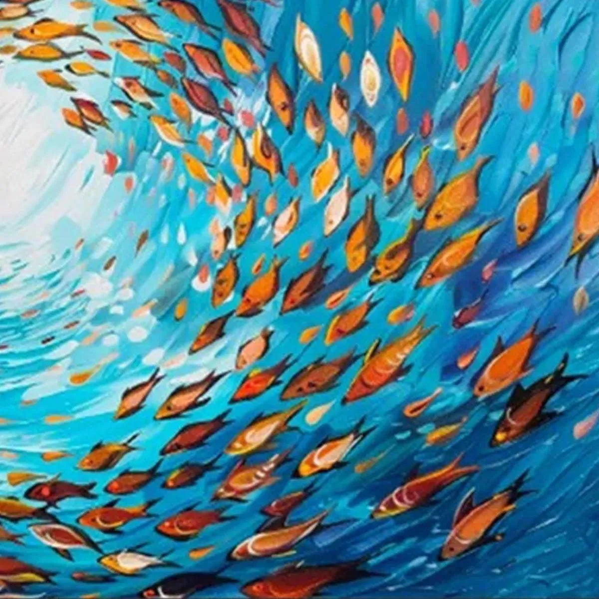 Oceanic Whirl hand-painted ocean blue and ivory textured school of fish painting shown with gold frame