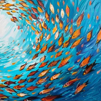 Oceanic Whirl hand-painted ocean blue and ivory textured school of fish painting shown with gold frame