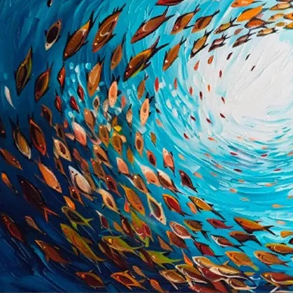 Oceanic Whirl hand-painted ocean blue and ivory textured school of fish painting shown with wood frame